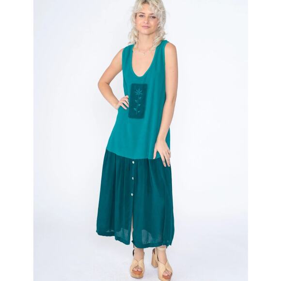 Johnny Was Dresses & Skirts - Johnny Was Maxi Dress Green Lagenlook Art to Wear Rare Y2k Drop Waist Size L